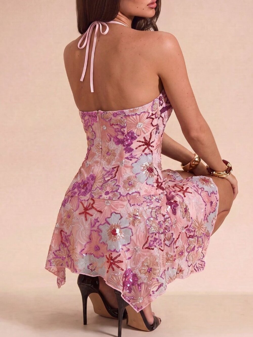 Pink Party Women's Backless Knot Lace Up Asymmetrical Mini Cami Dress - Picture 2 of 7